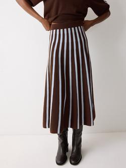 Jigsaw Stripe Flared Pure Wool Skirt, Brown, Brown