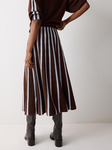 Jigsaw Stripe Flared Pure Wool Skirt, Brown - view 2, Brown