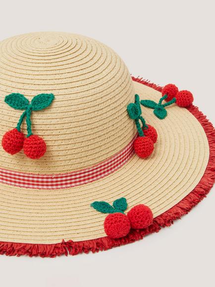 Monsoon Kids' Cherry Straw Sun Hat, Natural - view 2, Natural