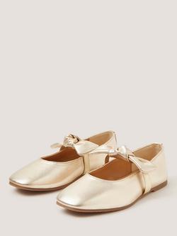 Monsoon Kids' Metallic Leather Ballet Flats, Gold - view 2, Gold