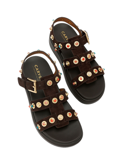 Carvela Amalfi Suede Flatform Embellished Sandals - view 2, Brown/Multi