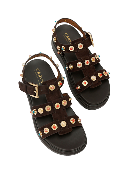 Carvela Amalfi Suede Flatform Embellished Sandals - view 2, Brown/Multi