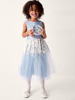 Monsoon Kids' Felicity Floral Embroidered Mesh Dress, Pale Blue