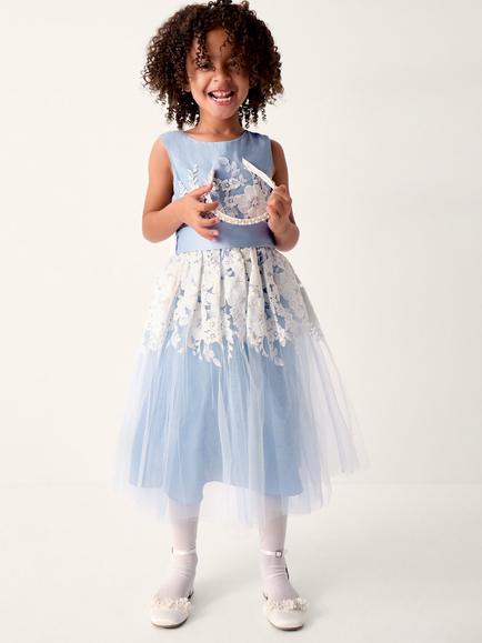 Monsoon Kids' Felicity Floral Embroidered Mesh Dress, Pale Blue