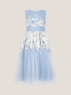Monsoon Kids' Felicity Floral Embroidered Mesh Dress - view 2, Pale Blue