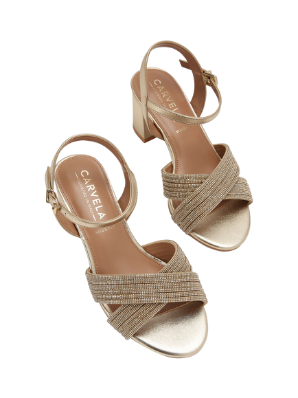 Carvela Divine Wide Fit Block Heel Embellished Sandals, Gold - view 2, Gold