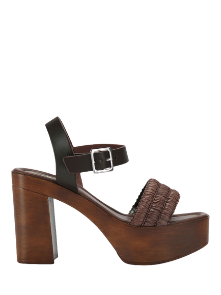 Carvela Sassari Leather and Rafia Block Heel Sandals, Brown, Brown