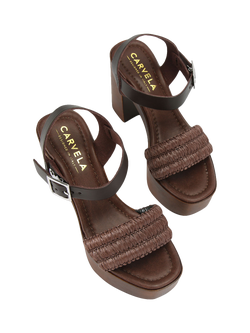 Carvela Sassari Leather and Rafia Block Heel Sandals, Brown - view 2, Brown