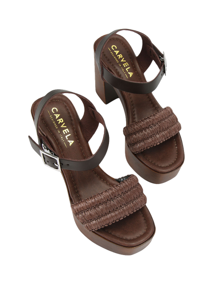 Carvela Sassari Leather and Rafia Block Heel Sandals, Brown - view 2, Brown
