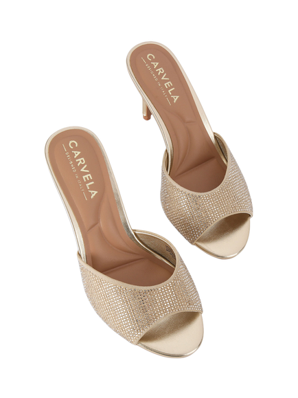Carvela Silvia Embellished Stiletto Heel Mule Sandals, Gold - view 2, Gold