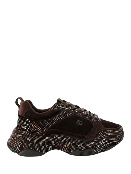 KG Kurt Geiger Lust Velvet Embellished Trainers, Brown Mid, Brown Mid