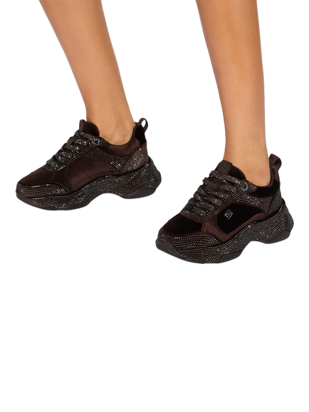 KG Kurt Geiger Lust Velvet Embellished Trainers, Brown Mid - view 2, Brown Mid