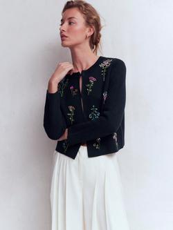 Boden Floral Embellished Cropped Cardigan, Navy, Navy