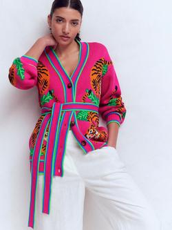 Boden Tiger Jacquard Belted Cardigan, Pink/Yarrow, Pink/Yarrow