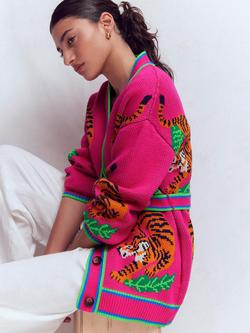 Boden Tiger Jacquard Belted Cardigan, Pink/Yarrow - view 2, Pink/Yarrow