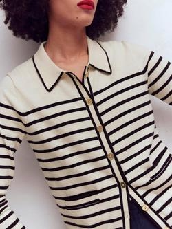 Boden Liz Collared Stripe Cardigan, Ivory/ Navy - view 2, Ivory/ Navy