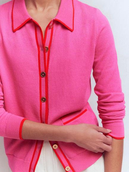 Boden Liz Collared Stripe Trim Cardigan, Pink Punch - view 2, Pink Punch