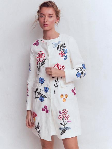 Boden Floral Embroidered Longline Jacket, Ivory/Multi, Ivory/Multi