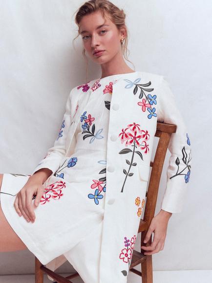 Boden Floral Embroidered Longline Jacket, Ivory/Multi - view 2, Ivory/Multi