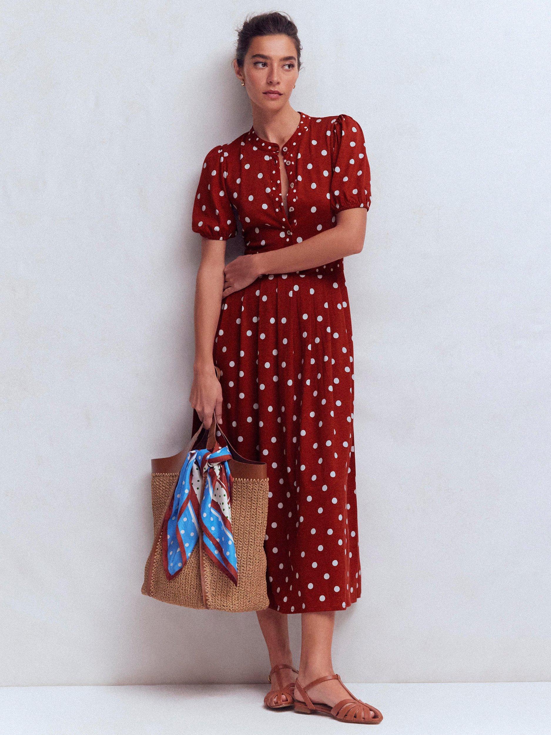 Boden Amber Polka Dot Pleated Jersey Dress, Orange/Multi