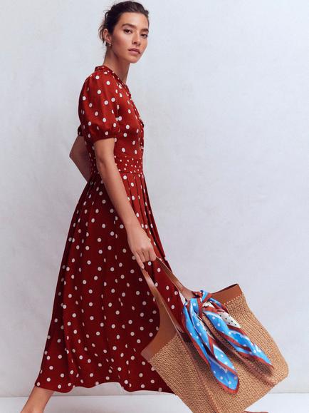 Boden Amber Polka Dot Pleated Jersey Dress, Orange/Multi - view 2, Orange/Multi