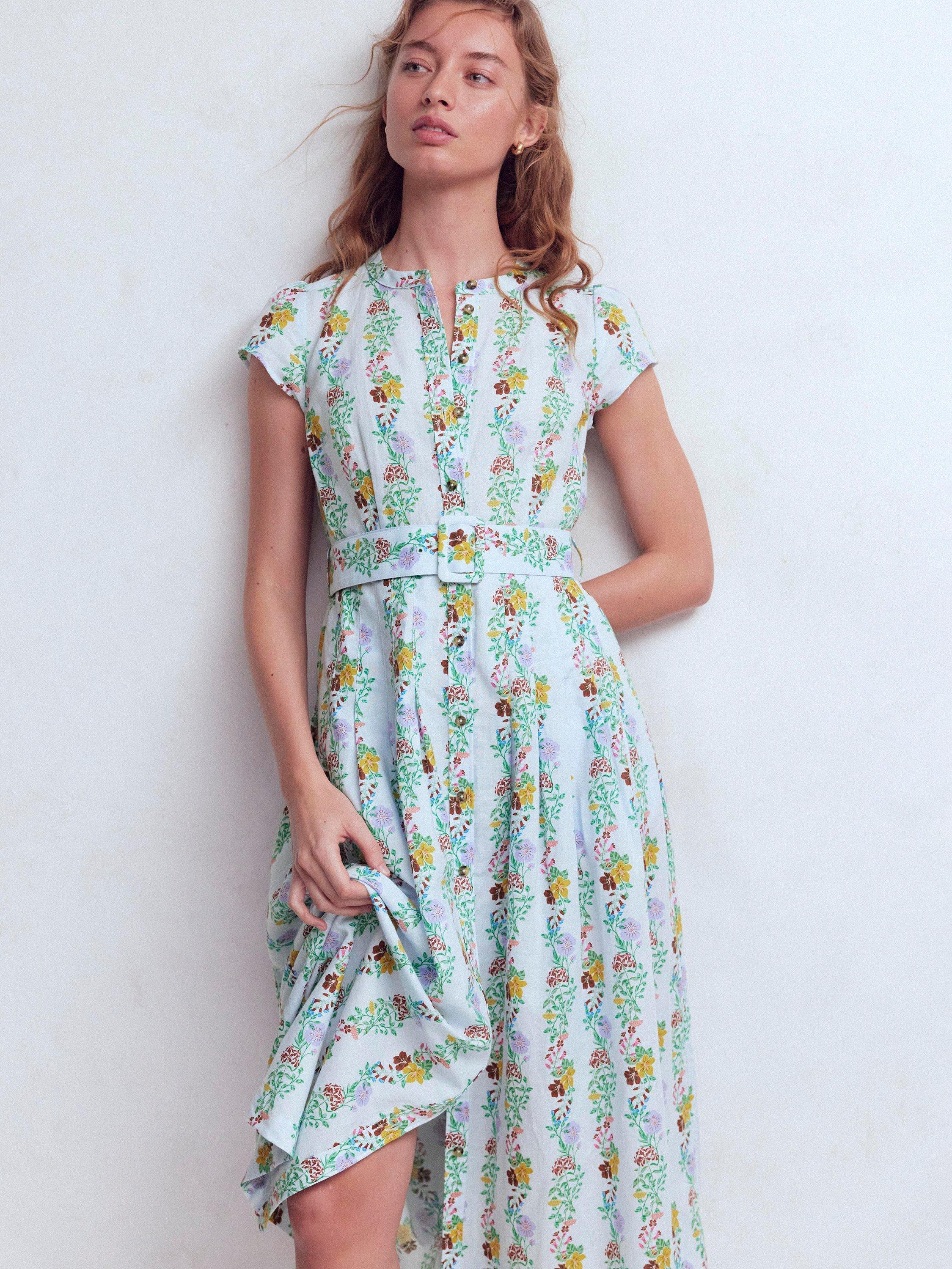 knee length dresses for ladies Ruby Linen Blend Shirt Dress-White Embroidery main image 0