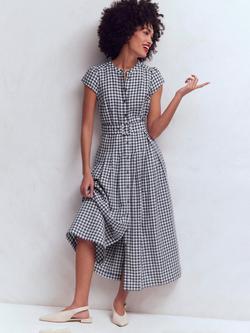 Boden Arabella Linen Rich Check Midi Shirt Dress, Blue/Multi, Blue/Multi