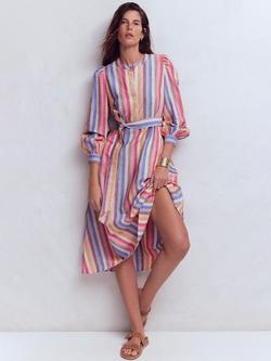 Boden Ava Linen Rich Striped Midi Dress, Pink/Multi, Pink/Multi