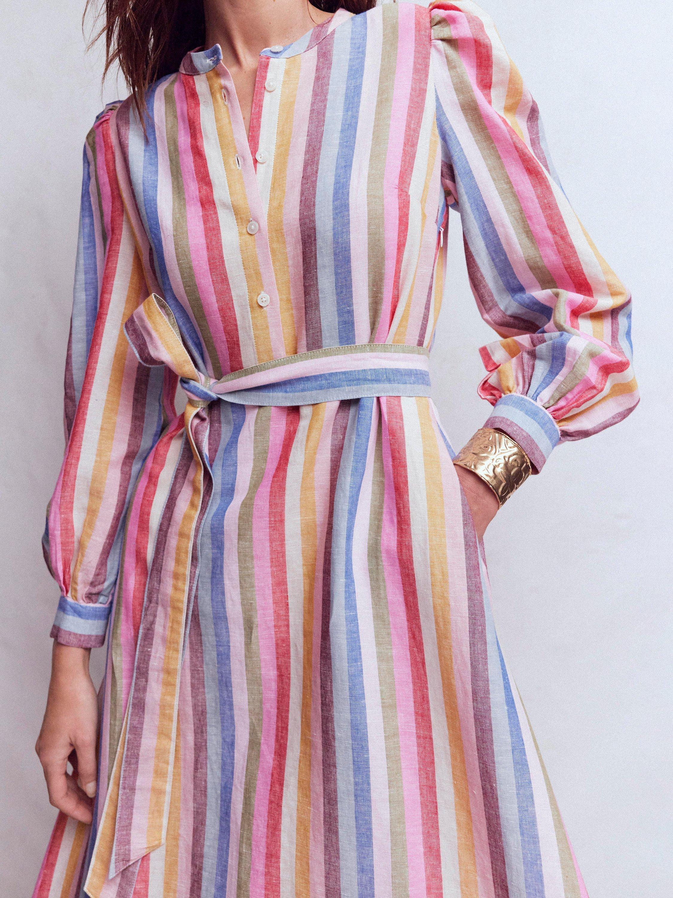 chinese dress ladies Arabella Linen Blend Dress-Pink, Rich Emerald Stripe