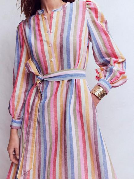 Boden Ava Linen Rich Striped Midi Dress, Pink/Multi - view 2, Pink/Multi