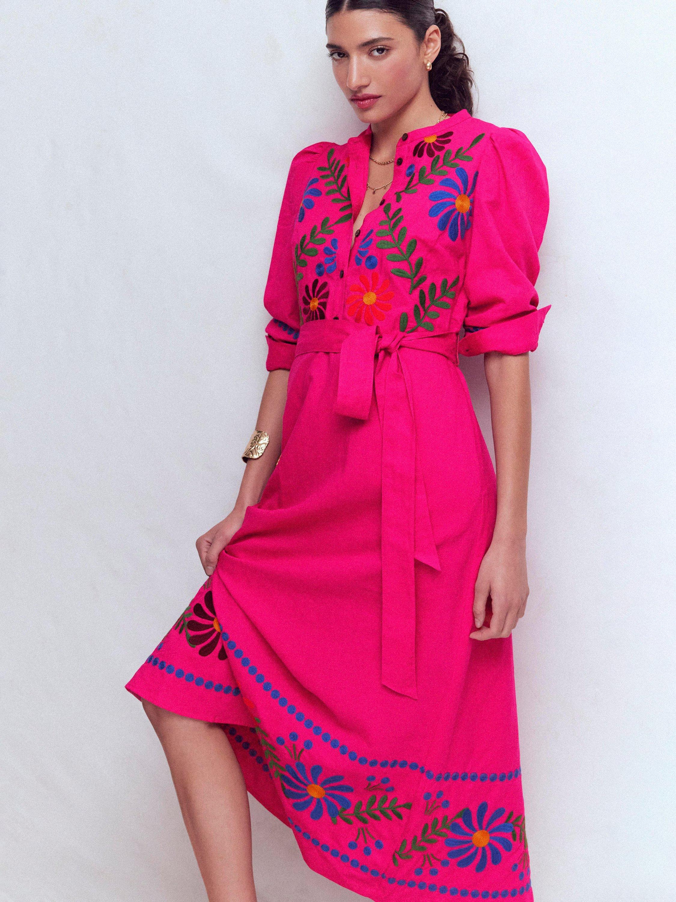 black mesh dress with embroidered flowers Boden Women's Ava Linen Blend Midi Dress in Blue main image 0