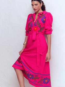 Boden Ava Linen Rich Embroidered Midi Dress, Pink/Multi, Pink/Multi