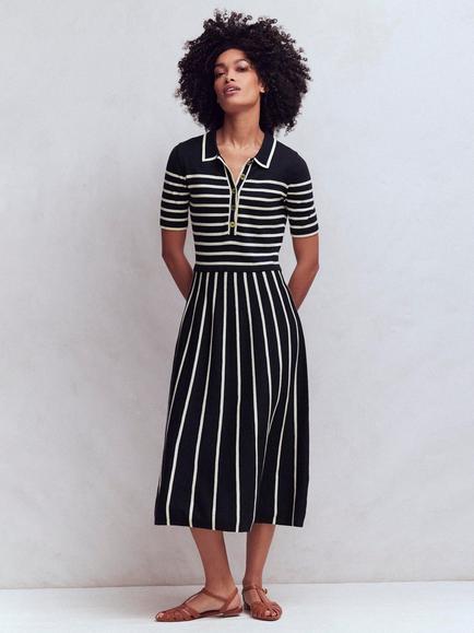 Boden Collared Knitted Stripe Dress, Navy/Ivory, Navy/Ivory