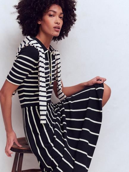 Boden Collared Knitted Stripe Dress, Navy/Ivory - view 2, Navy/Ivory