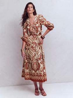 Boden Florence Linen Rich Midi Dress, Burnt Henna/Multi, Burnt Henna/Multi
