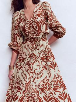 Boden Florence Linen Rich Midi Dress, Burnt Henna/Multi - view 2, Burnt Henna/Multi