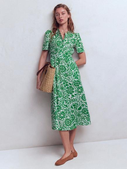 Boden Ivy Floral Cotton Midi Dress, Green/Multi, Green/Multi
