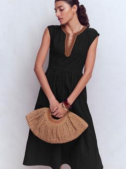 Boden May Embroidered Neck Jersey Midi Dress, Black