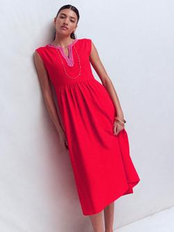 Boden May Embroidered Neck Jersey Midi Dress, Bright Cherry