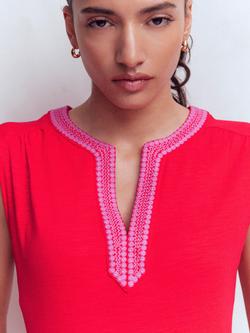 Boden May Embroidered Neck Jersey Midi Dress - view 2, Bright Cherry