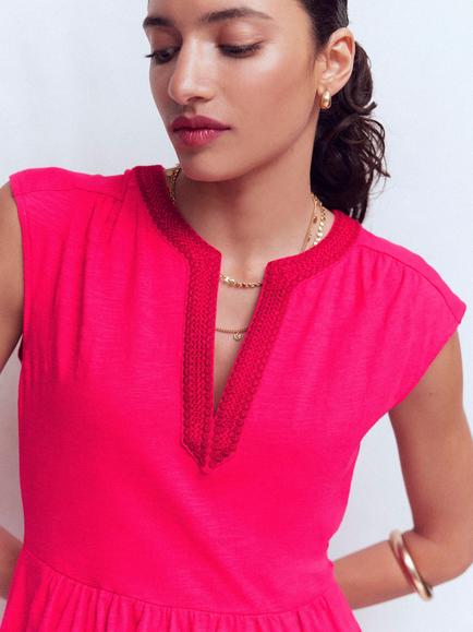 Boden May Embroidered Neck Jersey Dress - view 2, Opulent Pink