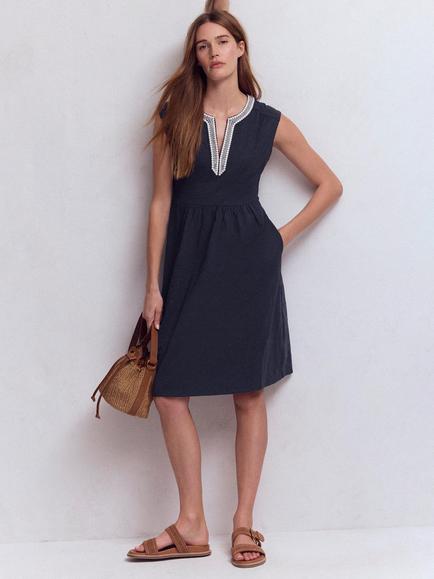 Boden May Embroidered Neck Jersey Dress, Navy
