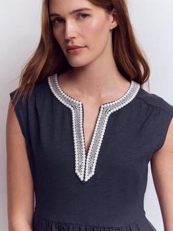 Boden May Embroidered Neck Jersey Dress - view 2, Navy