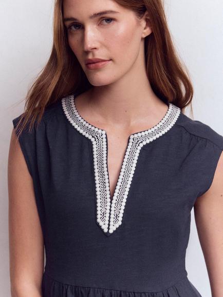 Boden May Embroidered Neck Jersey Dress - view 2, Navy