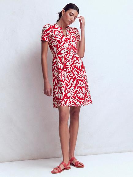 Boden Naomi Leafy Cascade Jersey Dress containing TENCEL™ Modal, Red/Multi, Red/Multi