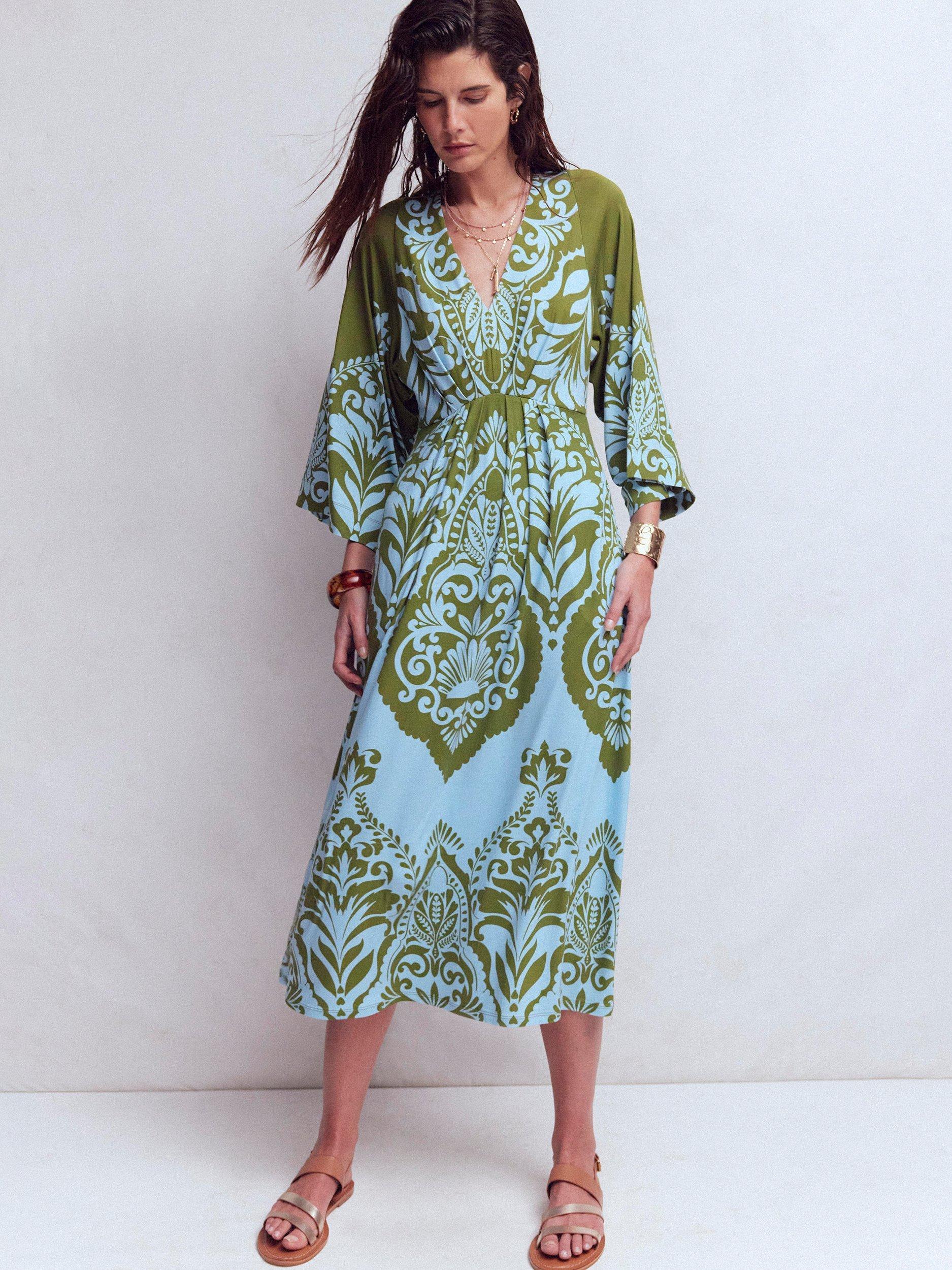 slim fit dress slacks Tie Neck Satin Midi Dress-Green Fir, Peony Bloom main image 0