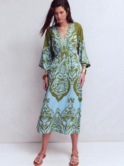 Boden Nell Garden Tile Print Kimono Midi Dress containing LENZING™ ECOVERO™ Viscose, Olive/Multi, Olive/Multi