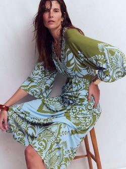 Boden Nell Garden Tile Print Kimono Midi Dress containing LENZING™ ECOVERO™ Viscose, Olive/Multi - view 2, Olive/Multi