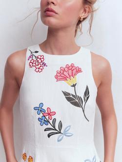 Boden Embroidered Floral Pure Linen Dress, White/Multi - view 2, White/Multi