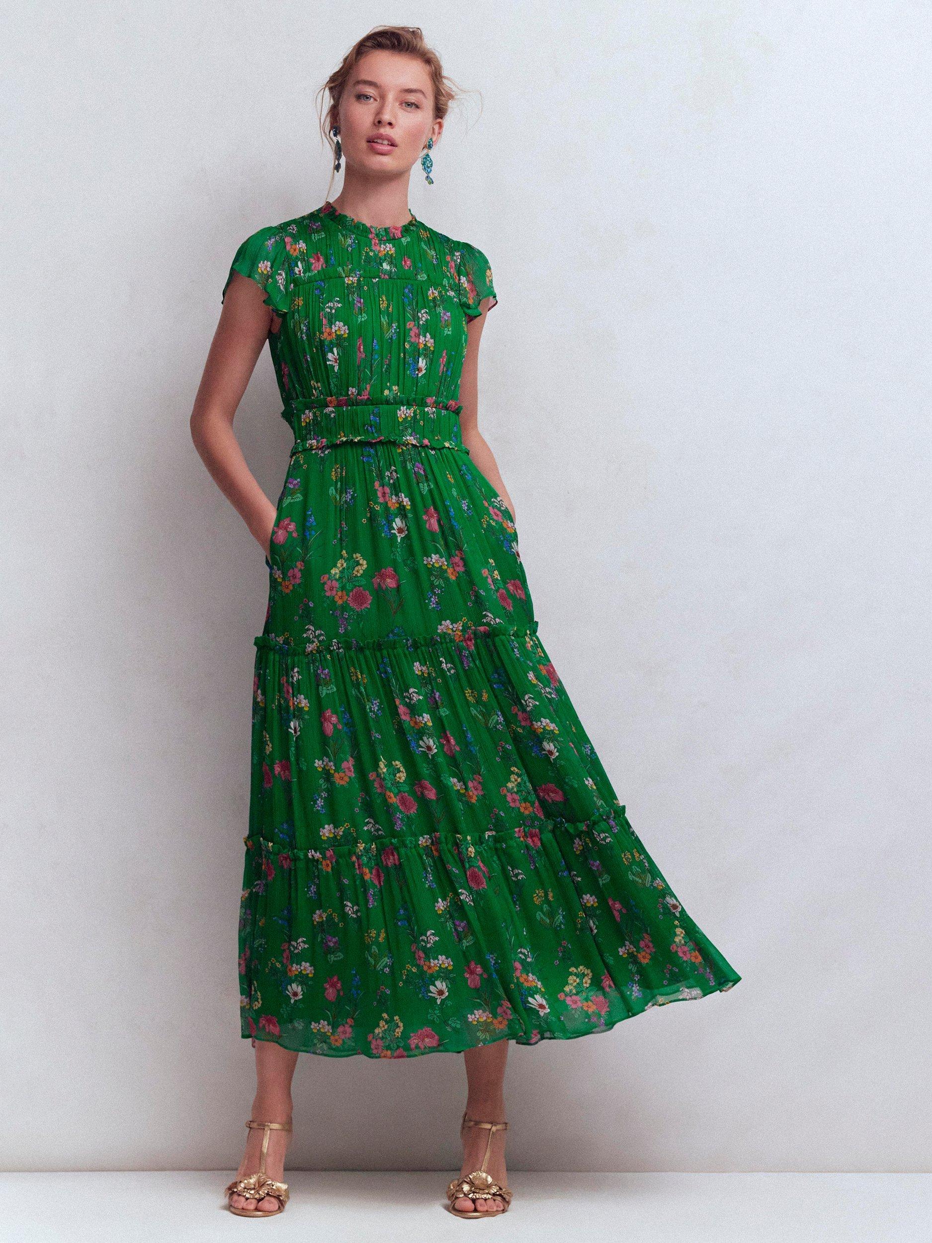Boden Floral Sleeveless Ruffle Maxi Dress, Green/Multi